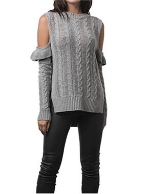Karina Grimaldi Jerry Wool Cashmere Cable Knit Cold Shoulder Ruffle Sweater M